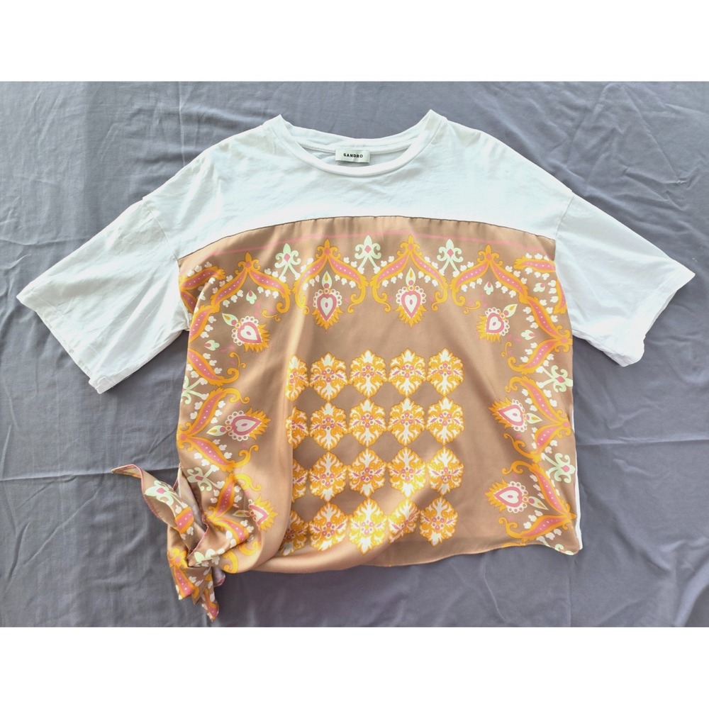 EUC RARE SANDRO Scarf Tunic Top T Shirt COLORFUL ARTSY sz M/L Quiet Luxury Beach